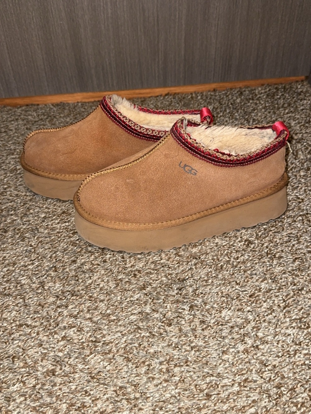 UGG Chestnut Suede Shearling Slip-On Platform Clogs with Red Trim